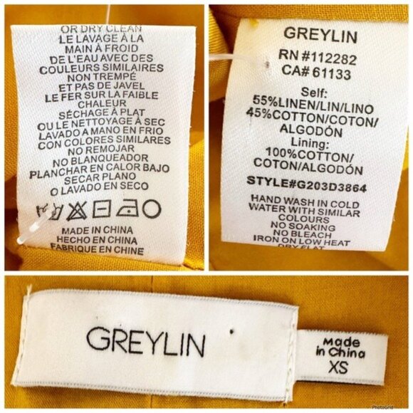 GREYLIN Linen Mustard Button-Down v neck tie waist mini Dress XS - Picture 4 of 6